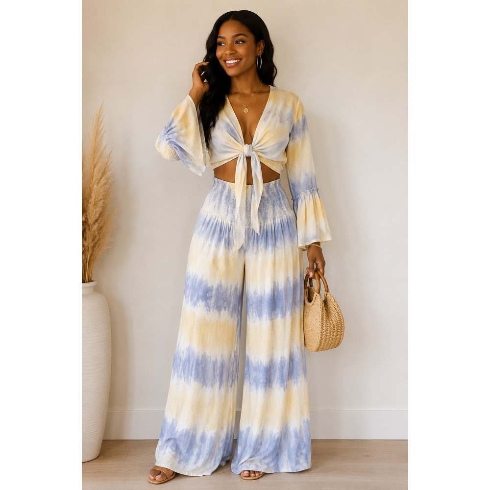 NWT White Waves Tie-Dye Tie Front Crop Top & Palazzo Pants Blue/Yellow SZ L/XL